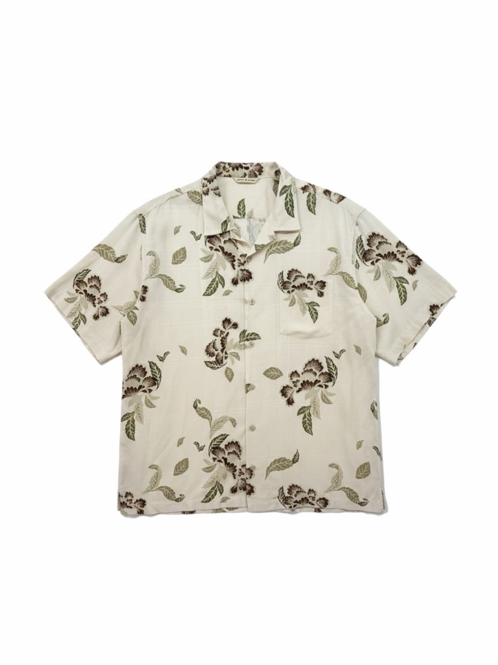Tommy Bahama Cream Floral Short-Sleeve Silk Camp Shirt with Brown & Green Print